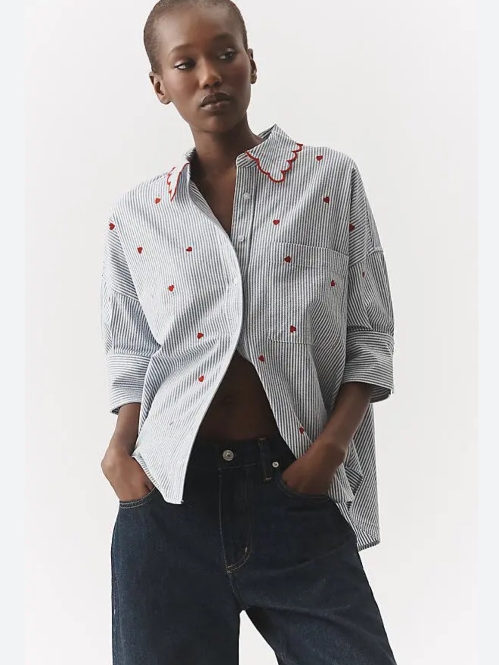 Maeve by Anthropologie Mabel Boxy Oxford Embroidered Short Sleeve Shirt Sz Small